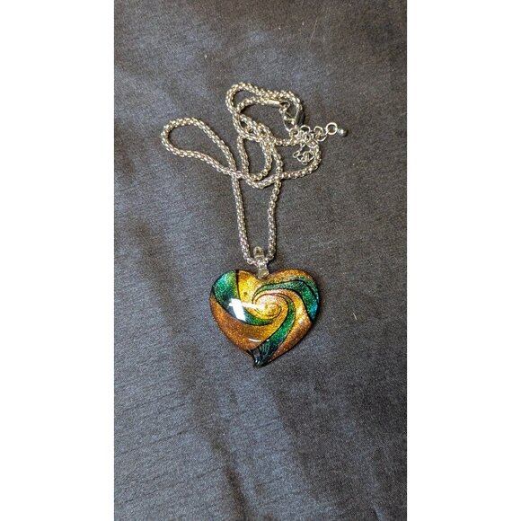 3 for $20 Artisan Dichroic Black Gold Silver Green Heart Glass Pendant - Picture 5 of 9
